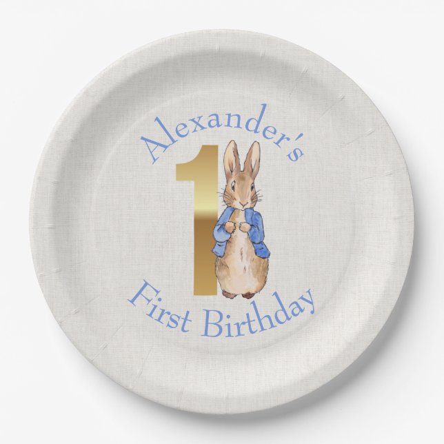 Plato De Papel Personalizar a Peter el conejo Primer cumpleaños (Anverso)
