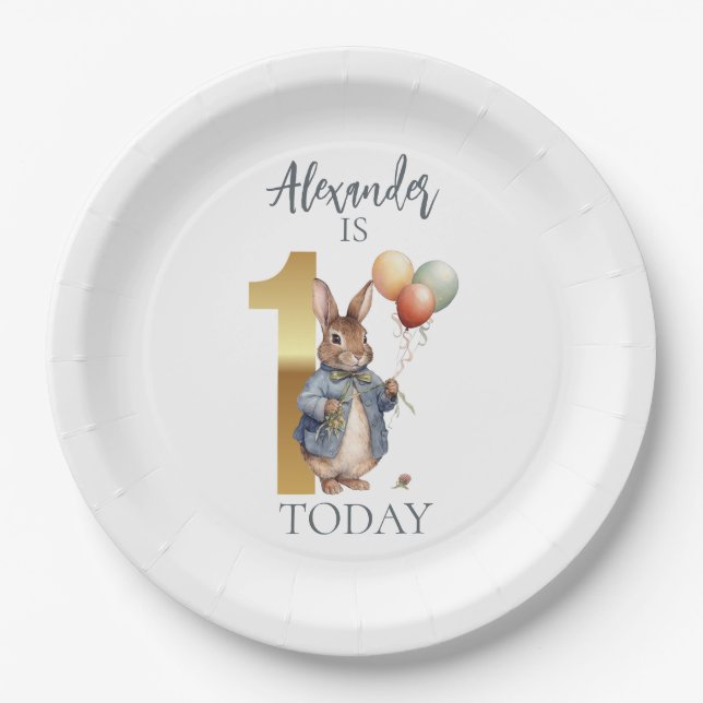 Plato De Papel Personalizar a Peter el conejo Primer cumpleaños (Anverso)