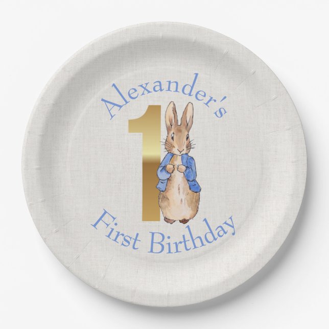 Plato De Papel Personalizar a Peter el conejo Primer cumpleaños (Anverso)