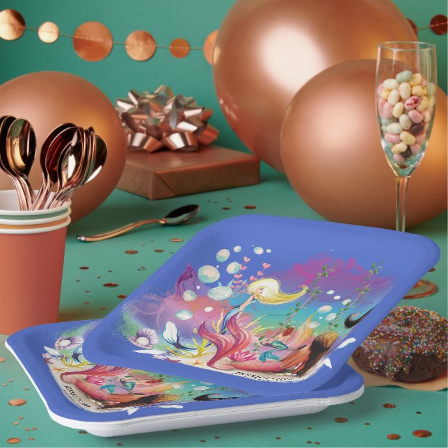 Plato De Papel Personalizar bajo la sirena marina Océano Púrpura (Multi)