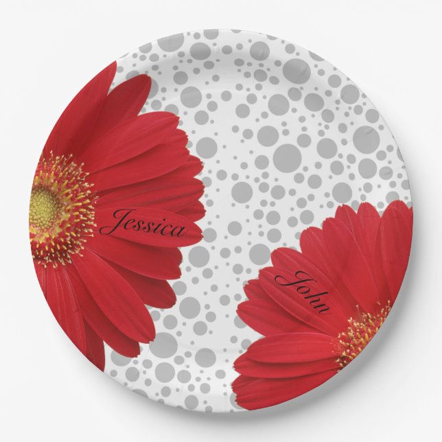 Plato De Papel Personalizar la margarita roja del punto de polka, (Anverso)