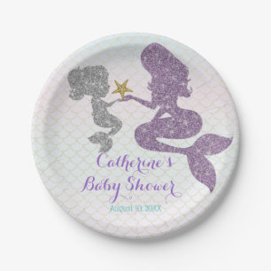 Plato De Papel Personalizar Mermaid Baby Shower Sparkle Purple Ve