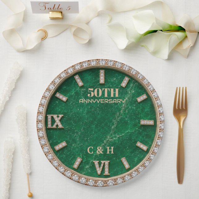 Plato De Papel Personalized 50th Anniversary Emerald Marble  (Boda)