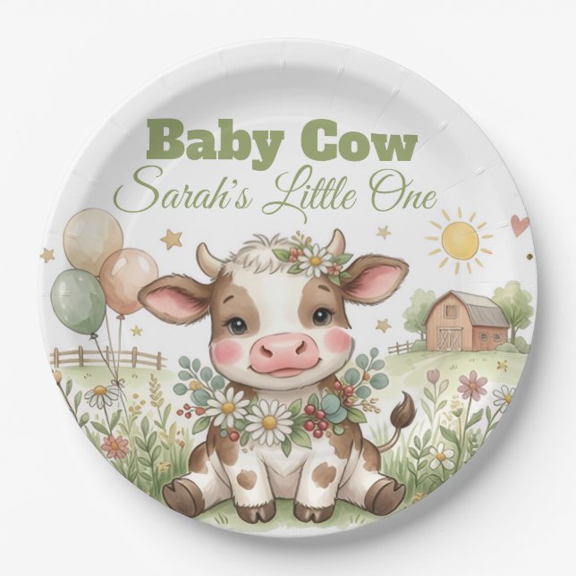 Plato De Papel Personalized Baby Cow Baby Shower (Anverso)