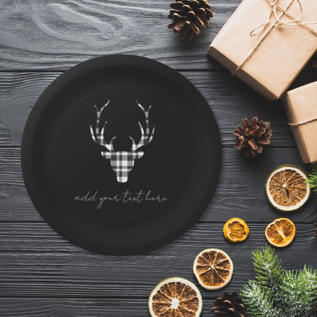 Plato De Papel Personalized Black  Deer Christmas Paper Plates (chi paper plate for christmas. modern black plaid check deer. )