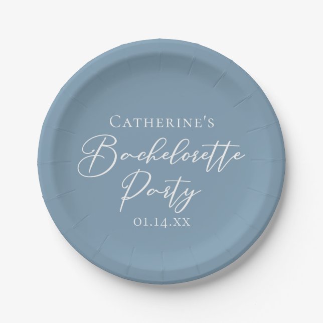 Plato De Papel Personalized Chic Dusty Blue Bachelorette Party (Anverso)