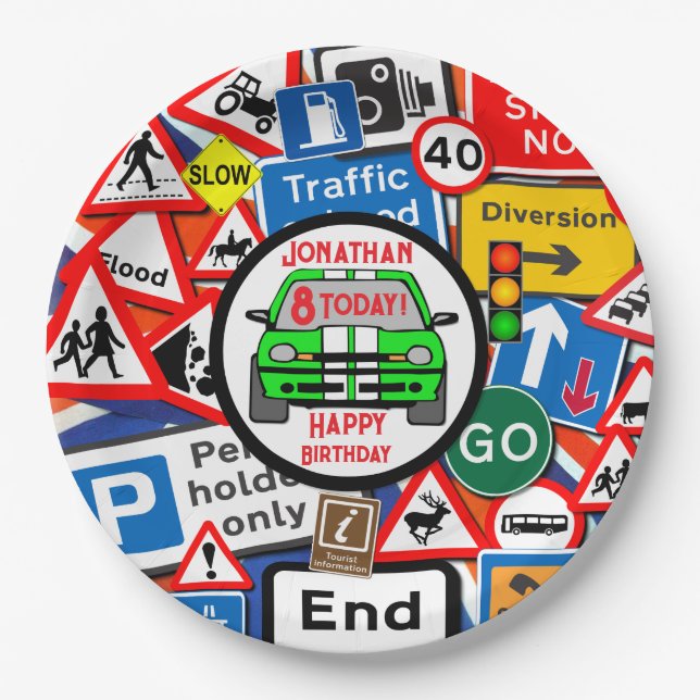Plato De Papel Personalized Colourful Road Signs, Birthday Party (Anverso)