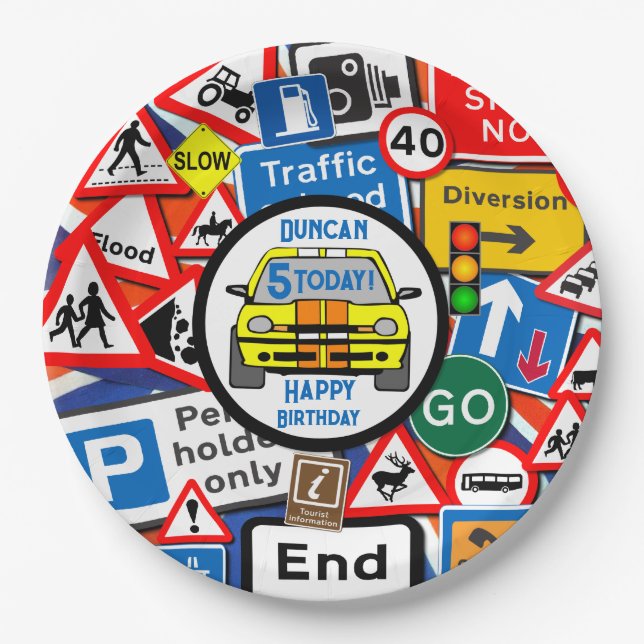 Plato De Papel Personalized Colourful Road Signs, Birthday Party (Anverso)