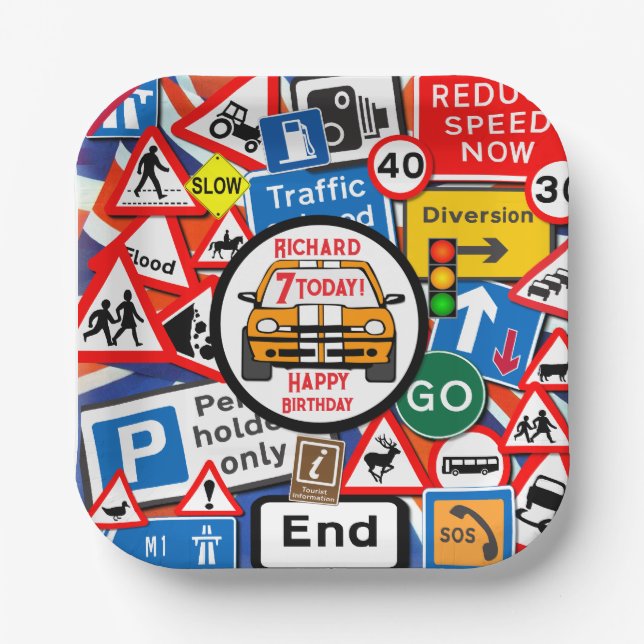 Plato De Papel Personalized Colourful Road Signs, Birthday Party (Anverso)