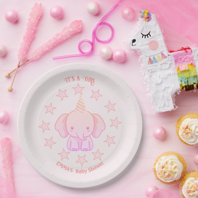 Plato De Papel Personalized Cute Elephant Pink Baby Shower (Fiesta)