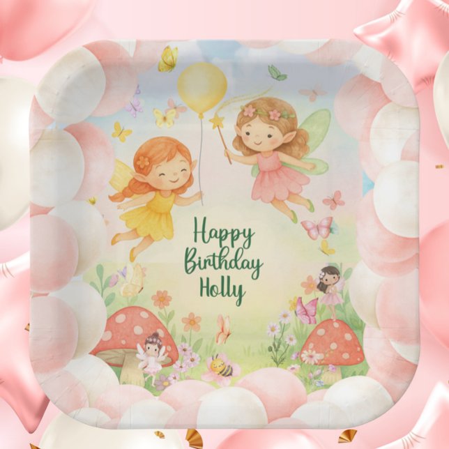 Plato De Papel Personalized Cute Fairy Birthday Paper Plate  (Personalized Fairy Birthday Paper Plate| Cute Magical Fairies Party Tableware)