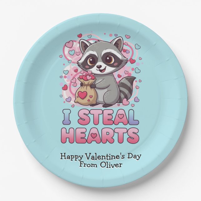 Plato De Papel Personalized Cute Raccoon Classroom Valentine (Anverso)