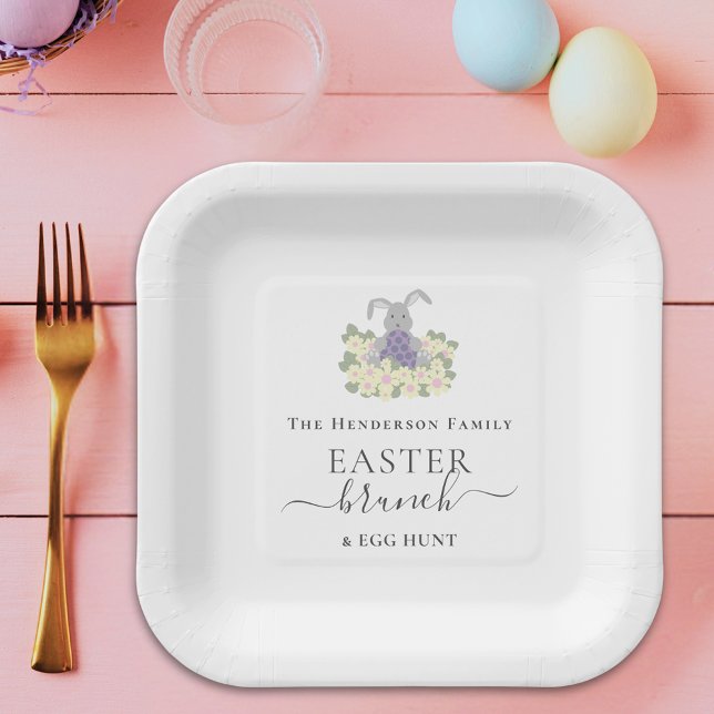 Plato De Papel Personalized Easter Brunch and Egg Hunt  (Personalized Easter brunch and bunny egg hunt spring party paper plates Elegant whimsical script)