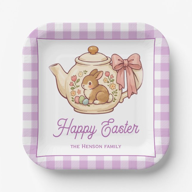 Plato De Papel Personalized Easter Bunny Teapot Gingham Family (Anverso)