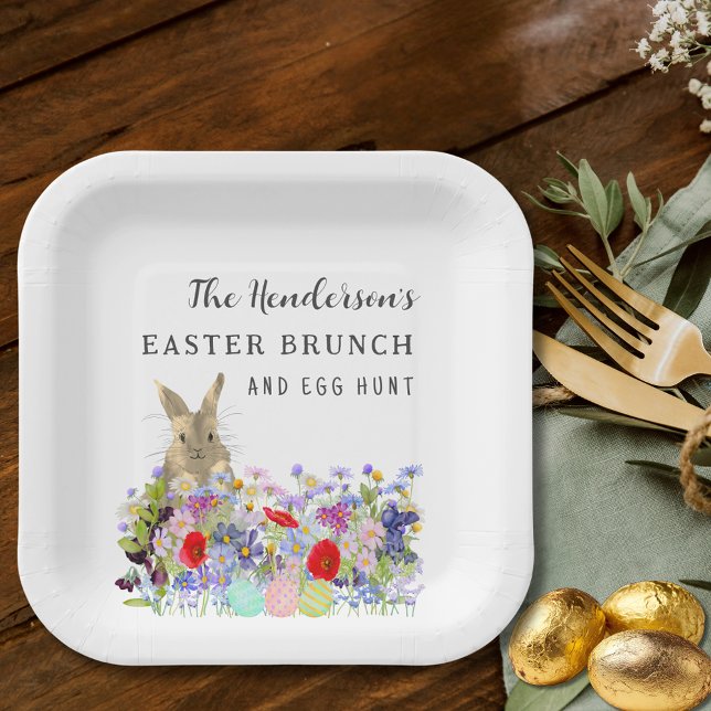 Plato De Papel Personalized Easter Egg Hunt Brunch Bunny Floral (Personalized Easter egg hunt spring brunch cute bunny wildflower floral paper plate)