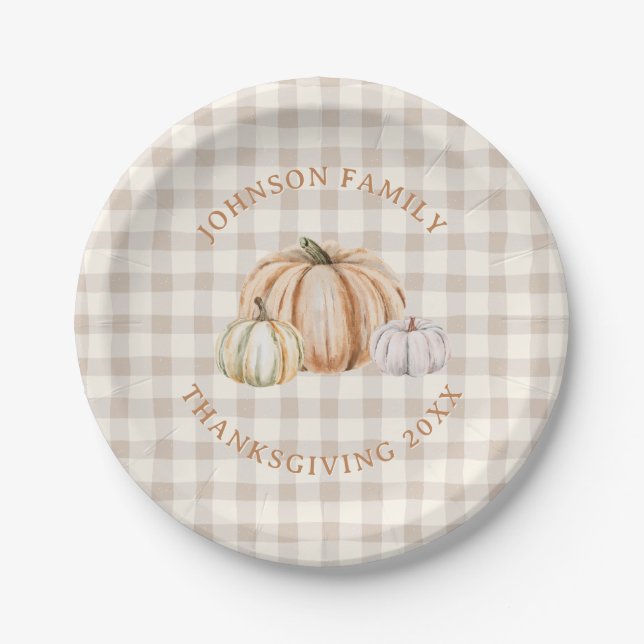 Plato De Papel Personalized Family Name Thankful Neutral Gingham (Anverso)