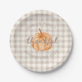 Plato De Papel Personalized Family Name Thankful Neutral Gingham 
