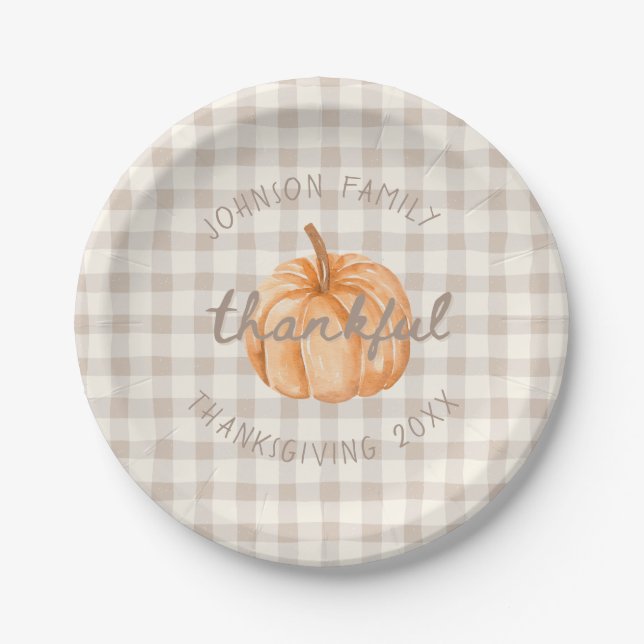 Plato De Papel Personalized Family Name Thankful Neutral Gingham  (Anverso)