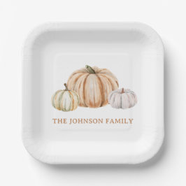 Plato De Papel Personalized Family Name Thankful Neutral Pumpkin