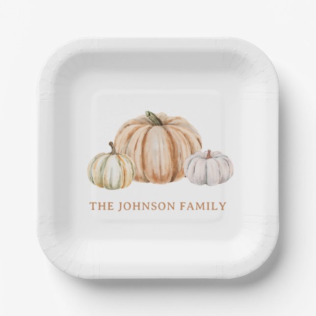 Plato De Papel Personalized Family Name Thankful Neutral Pumpkin (Anverso)