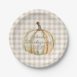 Plato De Papel Personalized Family Thanksgiving Neutral Gingham 