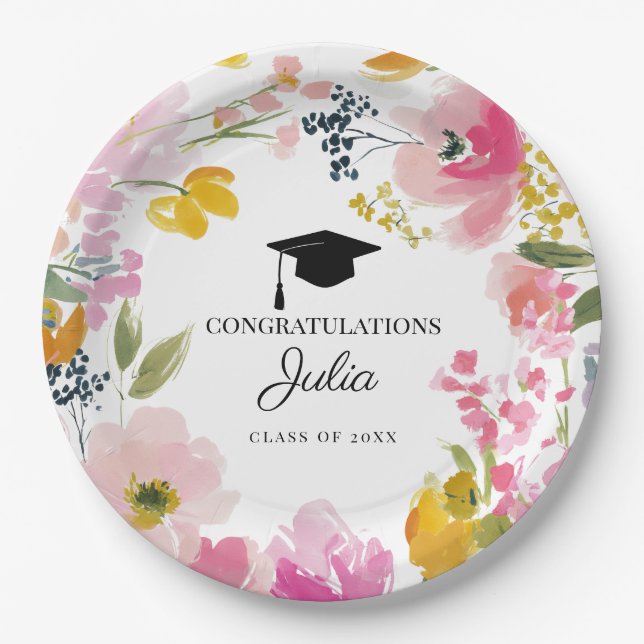 Plato De Papel Personalized Floral Graduation Party Decor (Anverso)