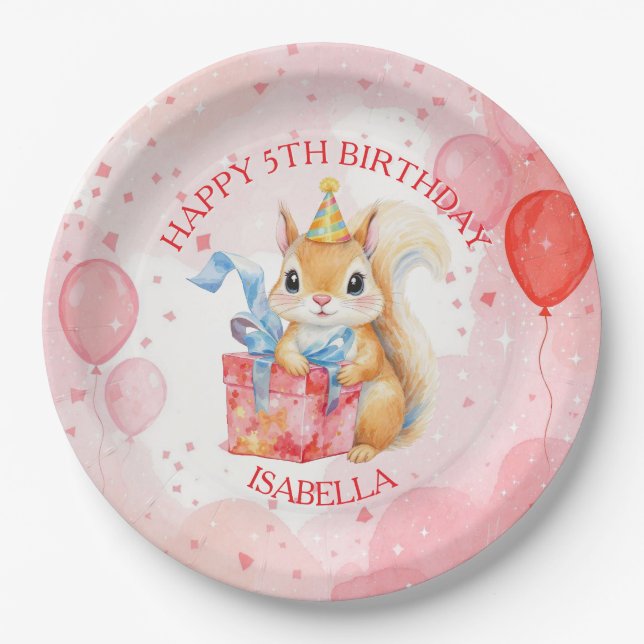 Plato De Papel Personalized Girl's Birthday Squirrel Pink and Red (Anverso)