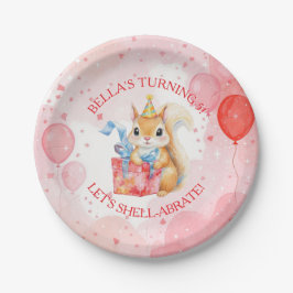Plato De Papel Personalized Girl's Birthday Squirrel Pink and Red