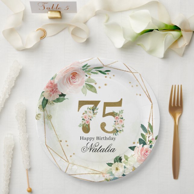Plato De Papel Personalized Gold & Floral 75th Custom (Boda)