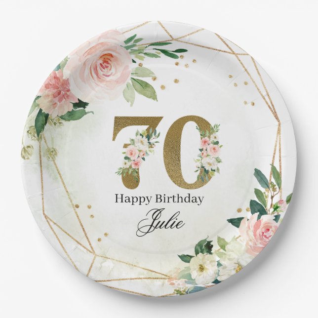 Plato De Papel Personalized Gold & Floral Custom 70th  (Anverso)
