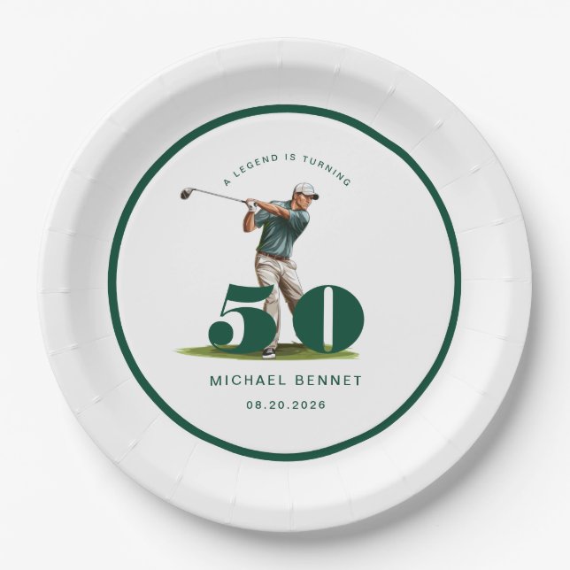 Plato De Papel Personalized Golfer 50th Birthday (Anverso)