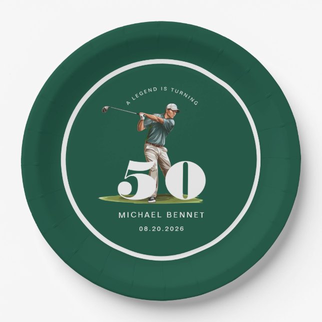 Plato De Papel Personalized Golfer 50th Birthday (Anverso)