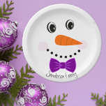 Plato De Papel Personalized Happy Face Snowman Purple Bowtie<br><div class="desc">Personalized Happy Face Snowman Purple Bowtie  Paper plates. Just add a name.</div>