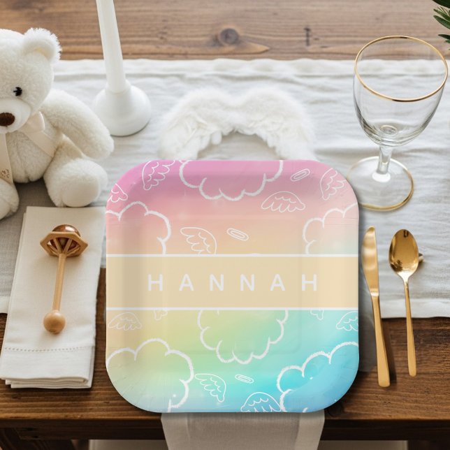 Plato De Papel Personalized Heavenly Angel Halo Cloud  Rainbow  (Personalized Heavenly Angel Halo Cloud Rainbow Paper Plates)