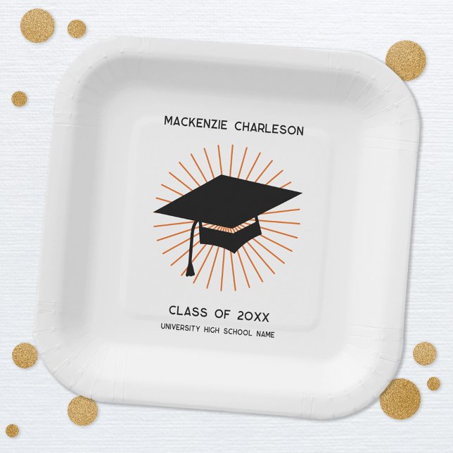 Plato De Papel Personalized Minimalist Graduation Cap Party (Modern personalized custom name school university graduation party paper plates)