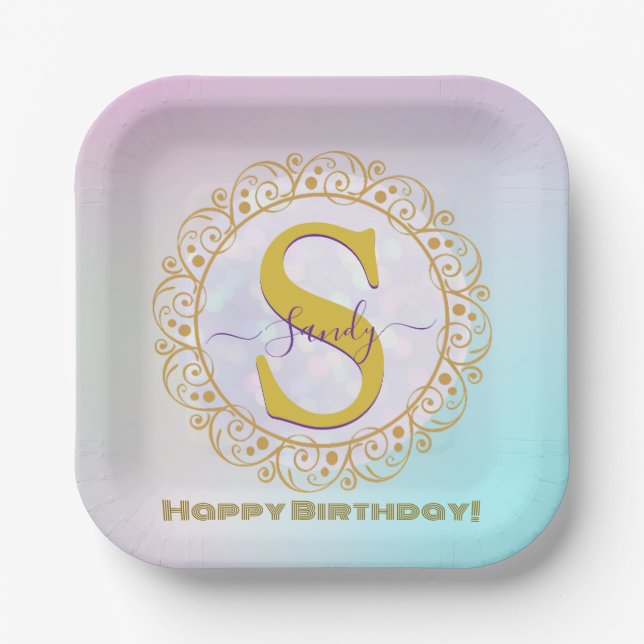 Plato De Papel Personalized Monogram Mandala Gold and Blue (Anverso)