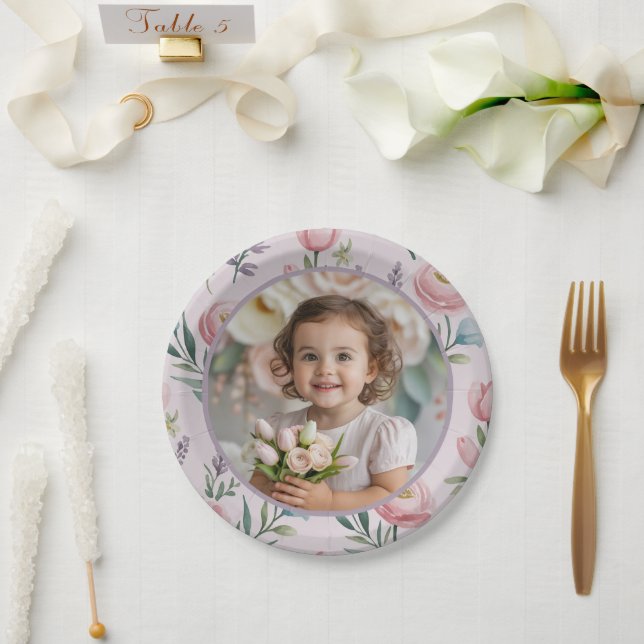 Plato De Papel Personalized Pastel Floral Photo Birthday Girl  (Boda)