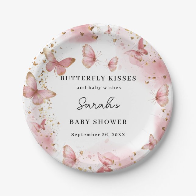 Plato De Papel Personalized Pink Butterfly Baby Shower Plates (Anverso)