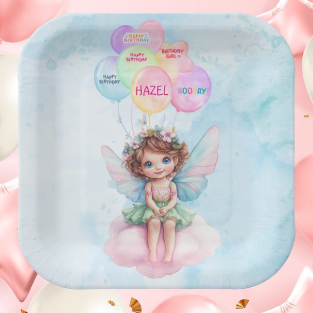 Plato De Papel Personalized Pink Fairy on a Cloud Paper Plate (Personalized Fairy on a Cloud Birthday Paper Plate Pink & Blue Watercolor Party Decor 

)