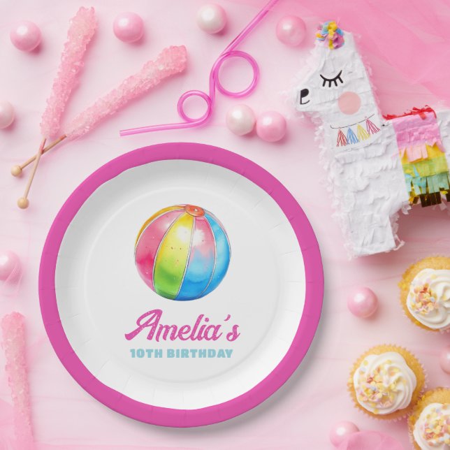 Plato De Papel Personalized Pink Pool Party (Fiesta)