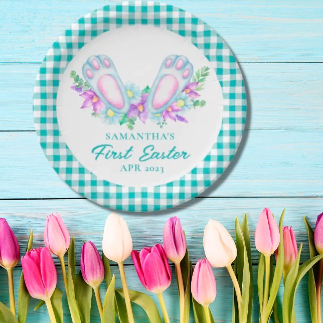 Plato De Papel Personalized Plaid Bunny Feet My First Easter (Subido por el creador)