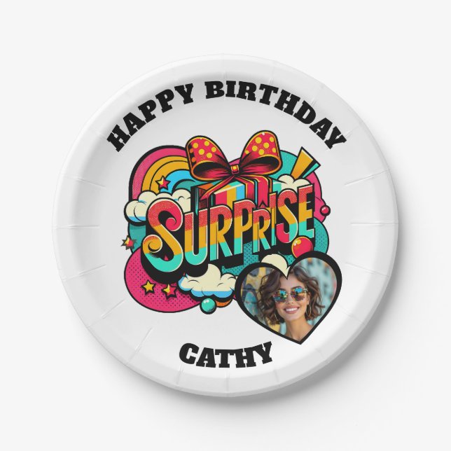 Plato De Papel Personalized Pop Art Retro Birthday Photo (Anverso)