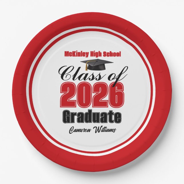 Plato De Papel Personalized Red Class of 2026 Graduation Party (Anverso)