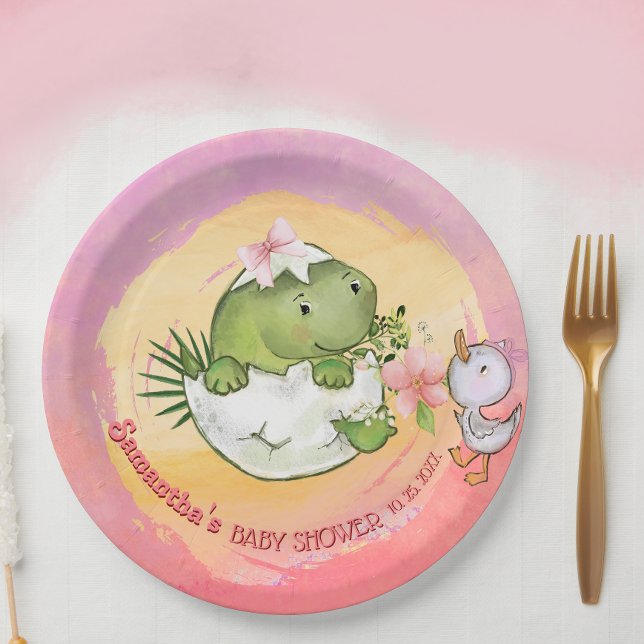 Plato De Papel Personalized Round Dino & Duckling Baby Shower  (Personalized Round Dino & Duckling Baby Shower Paper Plates)