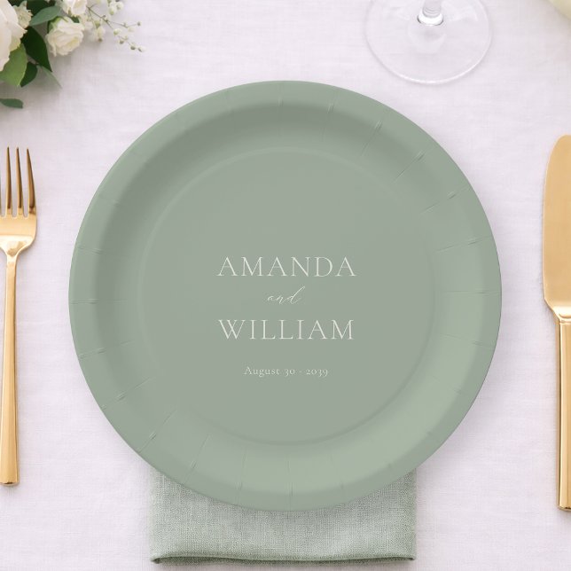 Plato De Papel Personalized Sage Green Wedding Paper Plates (Subido por el creador)