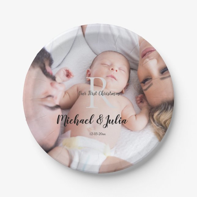 Plato De Papel personalized simple monogram name first christmas  (Anverso)