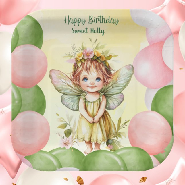 Plato De Papel Personalized Sweet Fairy 1st Birthday Paper Plates (Personalized Sweet Fairy 1st Birthday Paper Plate | Pastel Pink & Green Balloons

)