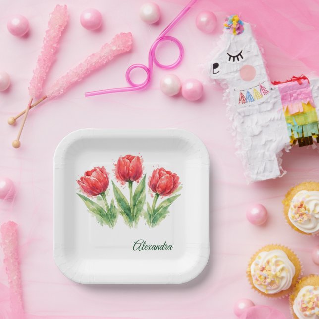 Plato De Papel Personalized Watercolor Red Tulips  (Fiesta)