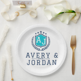 Plato De Papel Personalized wite blue Monogram Wedding