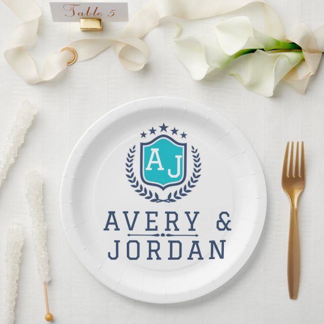 Plato De Papel Personalized wite blue Monogram Wedding  (Boda)
